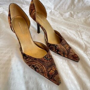 VTG Highlights Velveteen Floral Paisley Heels in Brown Gold and Tan 7.5